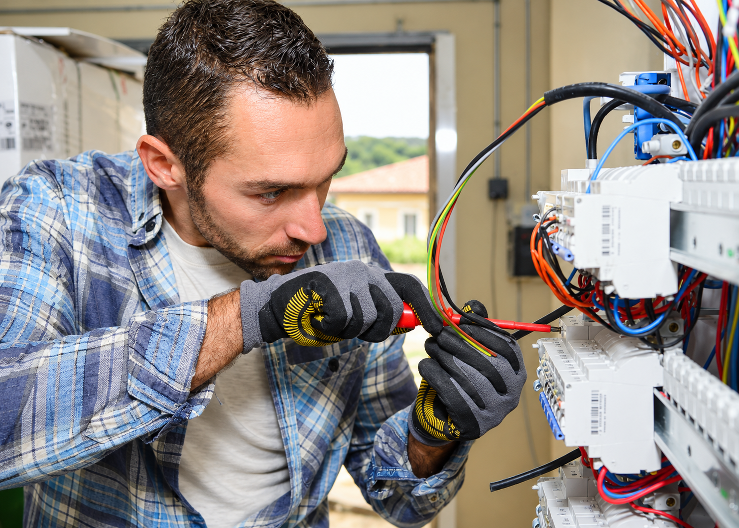 Electrician working on wires in an electrical panel