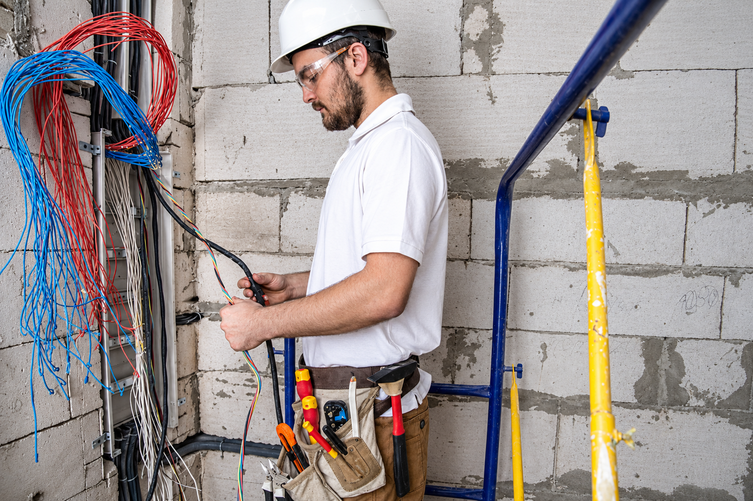 Electrician organizing wires during a home installation