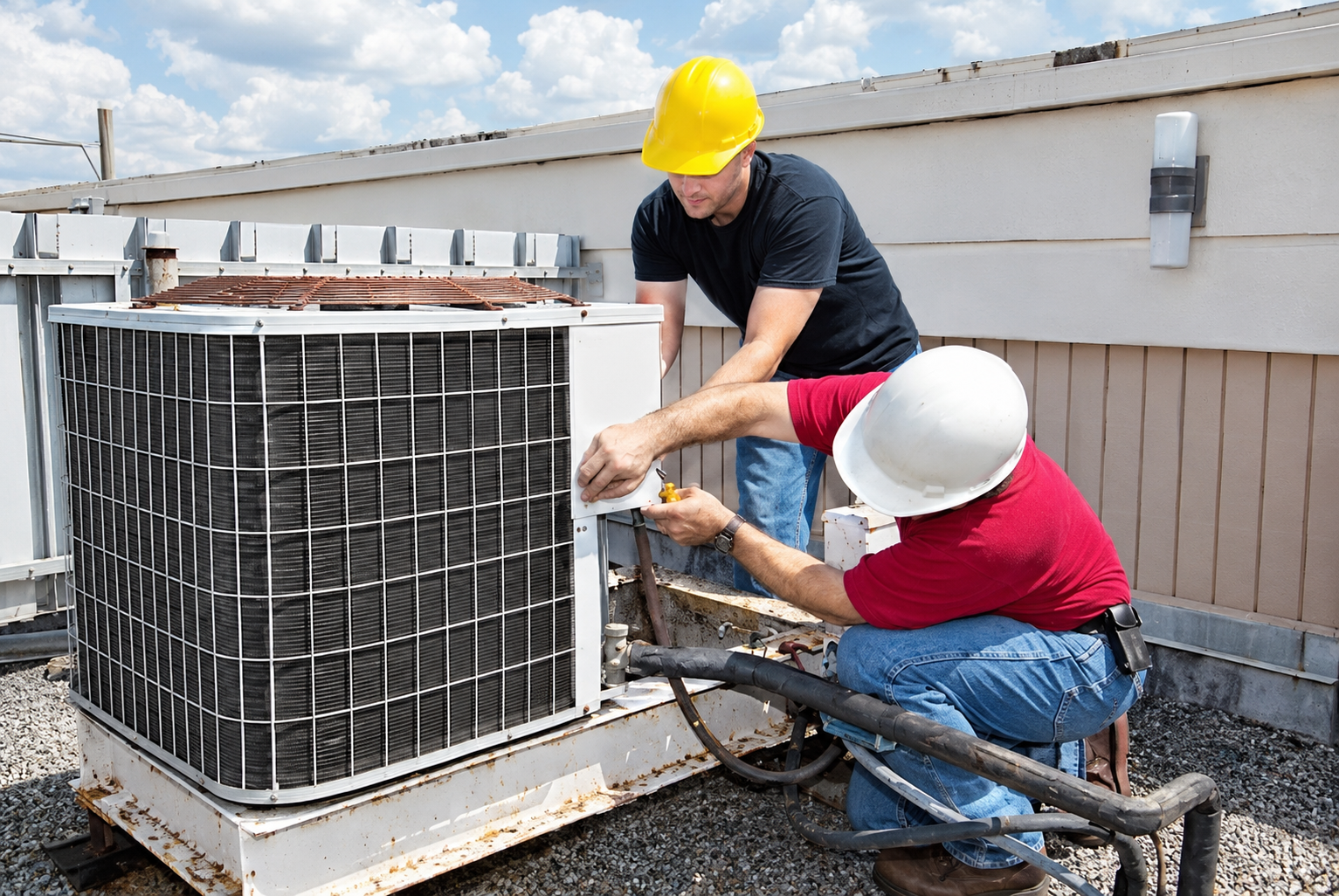 Technicians servicing a rooftop heating and cooling unit