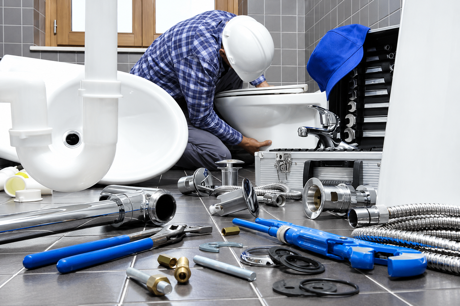 Plumber inspecting fixtures and tools during bathroom work