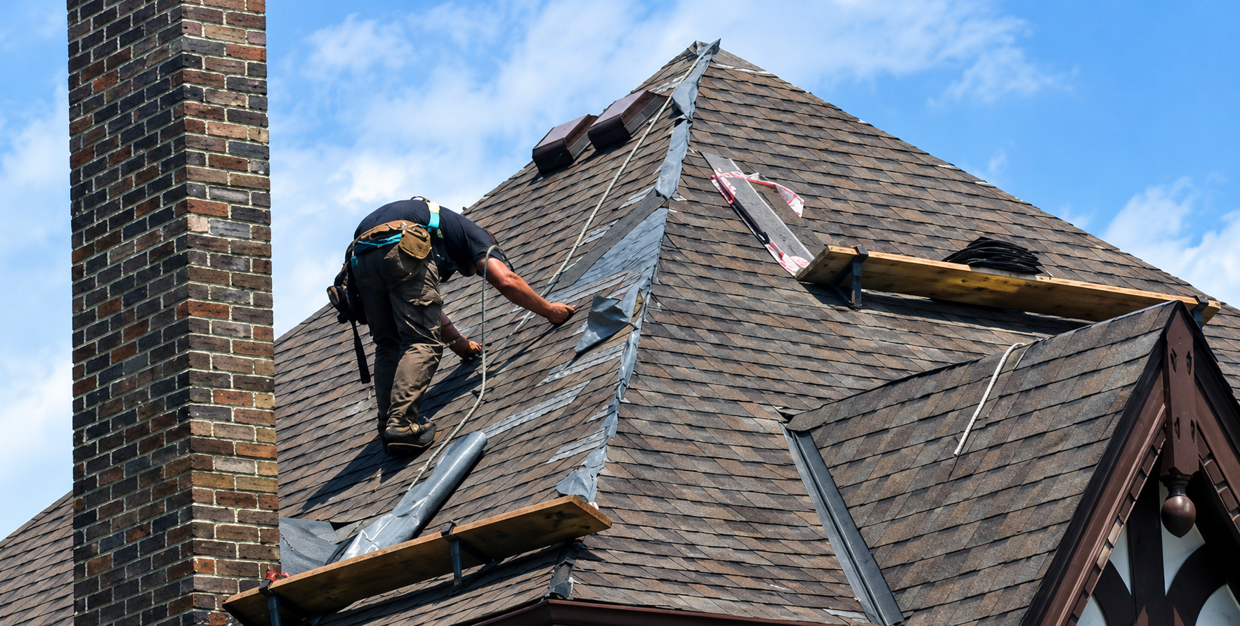 Roofer inspecting shingles on a residential roof