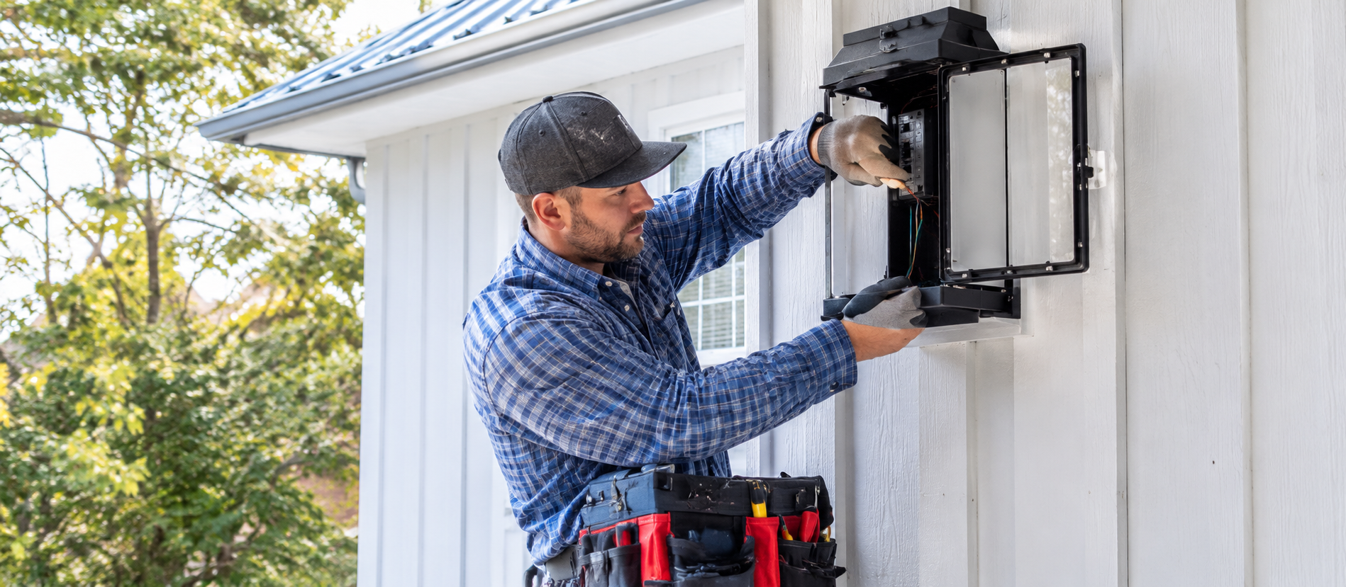 Electrician inspecting an outdoor electrical service box