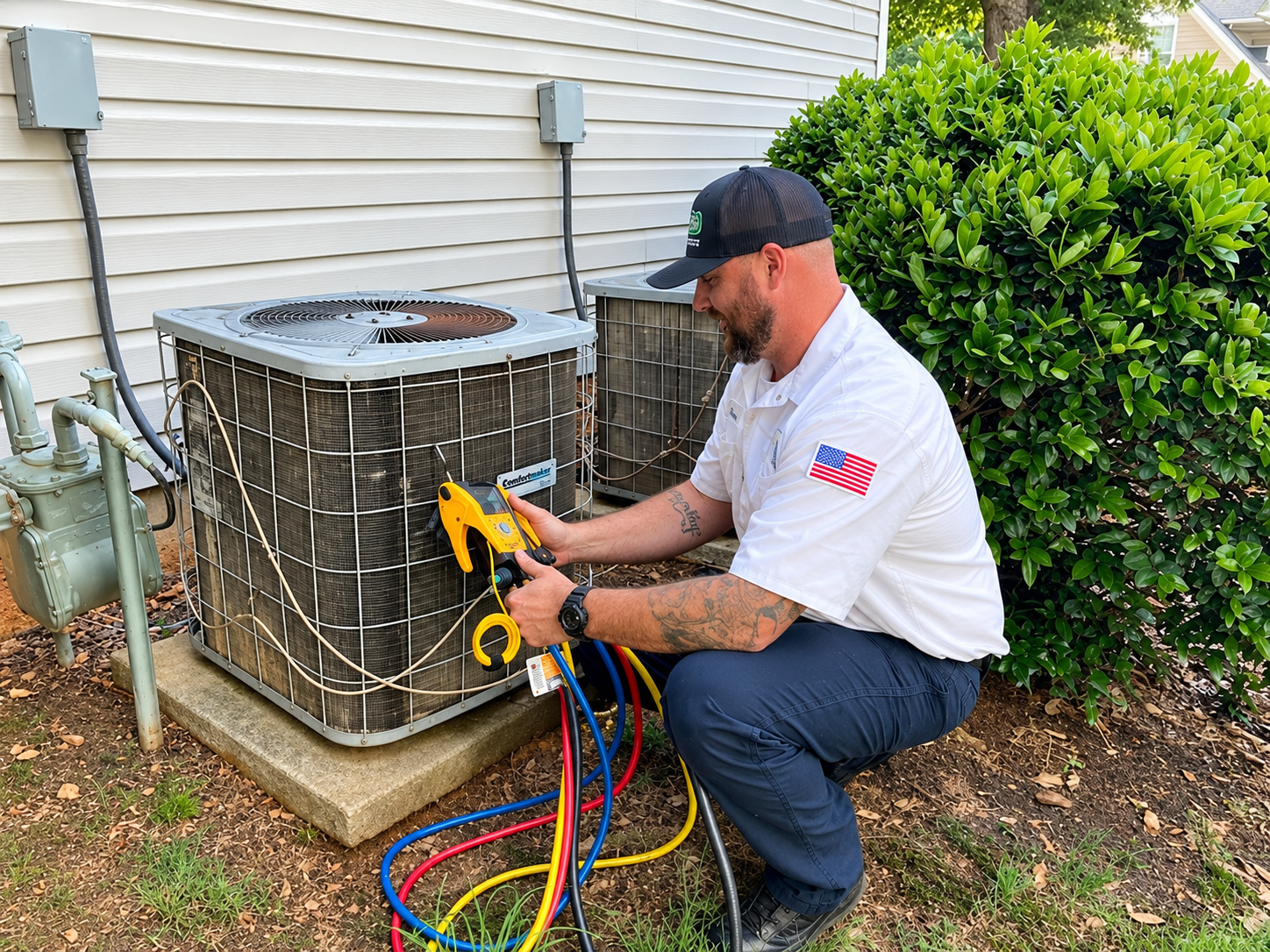 HVAC technician checking an outdoor air conditioning unit